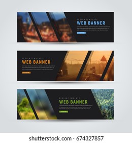Set of horizontal web banners. Black templates of standard size with diagonal stripes for a photo. Vector illustration.