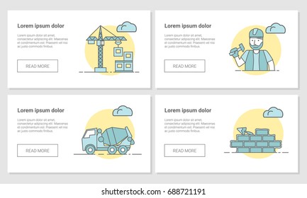 A set of horizontal web banners with blue-yellow illustrations. Vector illustrations on the build theme.
