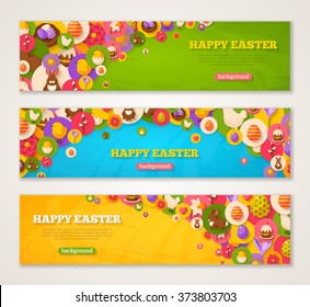 Set of Horizontal Web Banners with Easter Flat Icons in Circles. Vector illustration. 