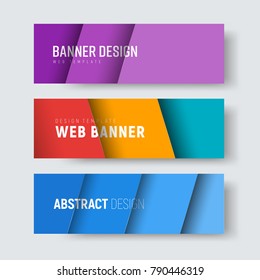 Set of horizontal web banners with multi-colored diagonal sheets floating over the background. modern material design. Vector illustration