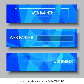Set of horizontal web banners with polygonal blue background and frame for text. Vector illustration.
