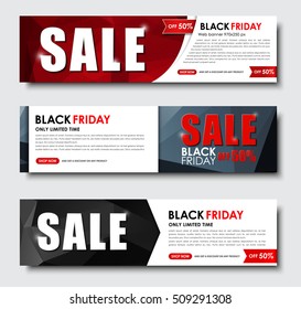 Set of horizontal web banners for sales on Black Friday. Template with abstract polygonal elements, ribbons and discounts. Vector illustration