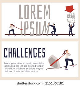 Set of horizontal website banners about work difficulties flat style, vector illustration, beige background. Office people characters move and pull huge stone and big words, metaphor for challenges