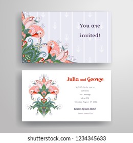 Set of horizontal wedding invitations  or business cards with indian traditional paisley flowers. Top view