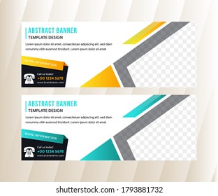 set of horizontal white banners with triangular shapes for a photo. Universal template for a web site with text, buttons and transparent elements. orange and green element colors