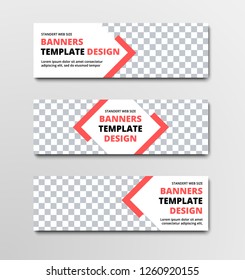 Set of horizontal white vector web banners with diagonal elements and orange lines and place for photo. Design templates of standard size.