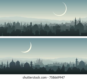 Set of horizontal wide banners of arab city with mosques at night.