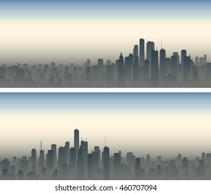 Set of horizontal wide banners of big city with skyscrapers in haze.