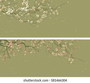 Set of horizontal wide banners of blossoming tree branch with red and yellow blossoms on green.