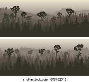 Set of horizontal wide banners coniferous foggy forest in the hills in dark tones.