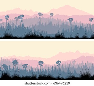Set of horizontal wide banners coniferous forest with grass and hills in violet tones.