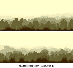 Set of horizontal wide banners of deciduous wood with grass in light green tone.