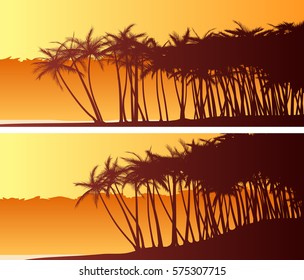 Set of horizontal wide banners of palm trees on beach at sunset.