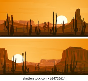 Set of horizontal wide banners with prairie wild west and cacti at sunset.