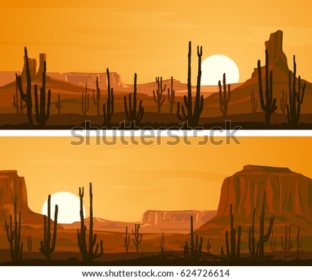 Set of horizontal wide banners with prairie wild west and cacti at sunset.