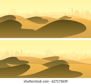 Set of horizontal wide banners sandy desert barchans with city on horizon.