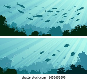 Set of horizontal wide banners of underwater in rays of sun and seabed with coral reefs, algae and school of fish.