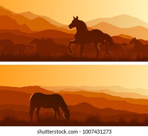 Set of horizontal wide banners of wild horses grazing in meadows at sunset.