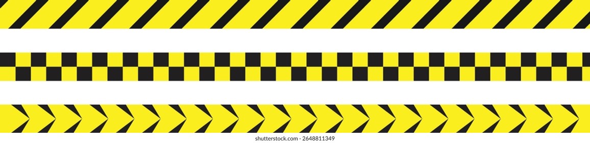Set of horizontal yellow and black warning tapes with diagonal, checkered, and arrow patterns for safety, construction, and restricted area signage in hazard or industrial design visuals.
