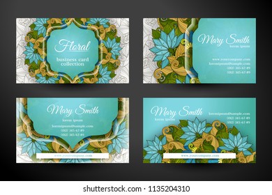 Set of HorizontalBusiness Cards, Corporate Identity Elements. Beautiful Abstract Flowers, Elegant Feminine Template. Vector Illustration. Clipping Mask, Editable