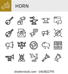 Set of horn icons such as Megaphone, Banjo, Anvil, Loudspeaker, Double bass, Announcement, Viking helmet, Bison, Trumpet, Viking, Gramophone , horn