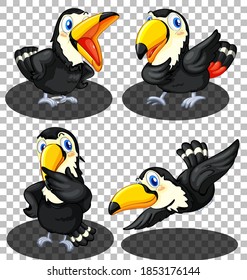 Set of Hornbill bird cartoon character in different poses isolated illustration