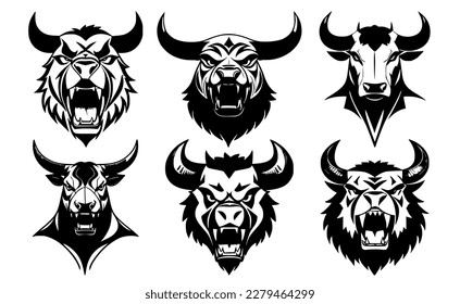 Set of horned bull heads with open mouth and bared fangs, with different angry expressions of the muzzle. Symbols for tattoo, emblem or logo, isolated on a white background.