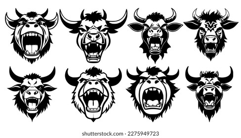 Set of horned cow heads with open mouth and bared fangs, with different angry expressions of the muzzle. Symbols for tattoo, emblem or logo, isolated on a white background.
