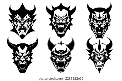 Set of horned devil heads with open mouth and bared teeth, with different angry expressions of the muzzle. Symbols for tattoo, emblem or logo, isolated on a white background.