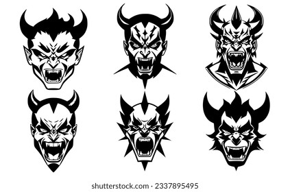Conjunto de cabezas de demonio cuerno con boca abierta y dientes de corteza, con diferentes expresiones enfadadas del bozal. Símbolos para tatuajes, emblemas o logos, aislados en un fondo blanco.