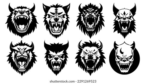Set of horned monster heads with open mouth and bared fangs, with different angry expressions of the muzzle. Symbols for tattoo, emblem or logo, isolated on a white background.