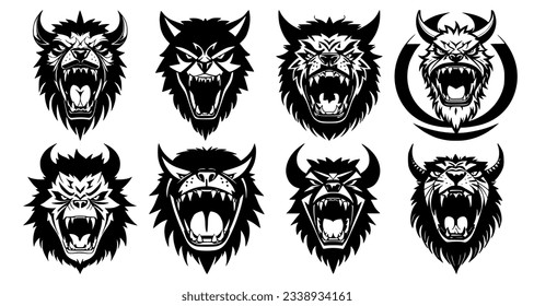 Set of horned monster heads with open mouth and bared fangs, with different angry expressions of the muzzle. Symbols for tattoo, emblem or logo, isolated on a white background.