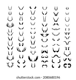 Set of horns of different animals. Black silhouettes of horns isolated on a white background.