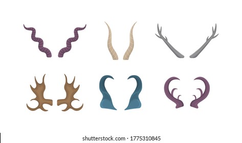 Set of horns of different animals isolated on a white background. Horny hunting trophy of argali sheep, ibex, african buffalo, stag and reindeer. Icons in flat design. Vector illustration, eps 10.