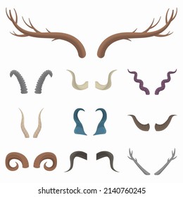 Set of horns of different animals isolated on white background. Vector illustration for animals, wildlife, hunting trophy, decoration concept. Horn logo icon design template devil, demon or satan. 