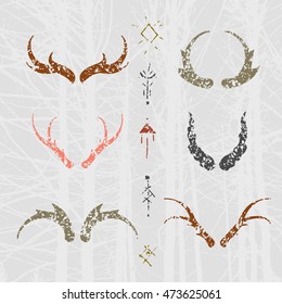 Set of horns in hand-draw style with mystical signs. Colored design elements on texture background. 