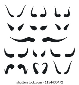 Set of horns icons, black silhouettes on white background. Vector illustration.