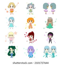 A set of horoscope signs as hand drawn cute girls cartoon vector isolated on white background.  Girls in different hair and cloth styles. Illustration of astrological signs as a horoscope.
