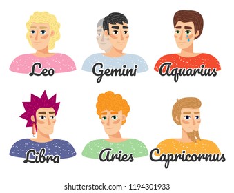 Set of horoscope signs as men. Vector illustration of the boys. Zodiac signs cartoon style