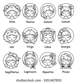 Set of horoscope signs as women. Zodiac for girls. Vector illustration of astrological signs. Girls with closed eyes. Black and white illustration. Outline illustration for coloring pages.