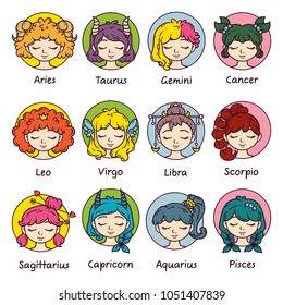 Set of horoscope signs as women. Zodiac for girls. Vector illustration of astrological signs. Girls with closed eyes.