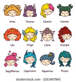 Set of horoscope signs as women. Zodiac for girls. Vector illustration of astrological signs. Girls with closed eyes.