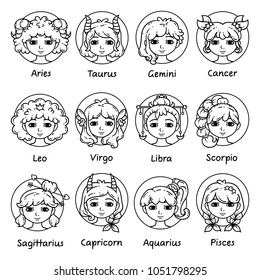 Set of horoscope signs as women. Zodiac for girls. Vector illustration of astrological signs. Girls with opened eyes. Black and white illustration. Outline illustration for coloring pages.