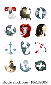 Set of horoscope signs. Zodiac signs put in thee columns isolated on white backgound and coloured in  trigons colours.