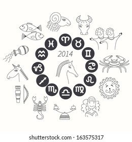  Set of horoscope symbols.  Zodiac signs on white background. Horoscope for 2014.