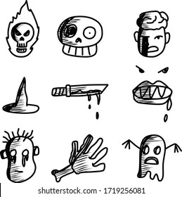 Eine Reihe schrecklicher Symbole, die für Horror- oder Halloween-Themeninhalte mit doodle-Cartoon-Stil geeignet sind
