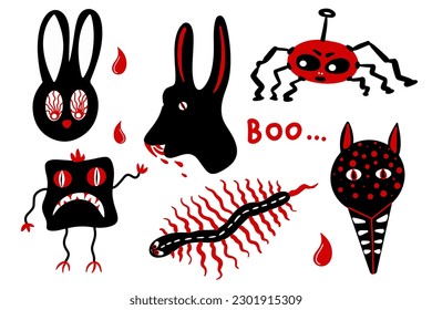 set horror black red monsters, lettering boo collection animal, scary print for t-shirts, vector
