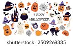 Set of horror elements. Halloween. Collection of Hand drawn shapes. Trendy doodle. Ghost. Autumn. October 31. Saints' Day. Stickers and icons. Jack o lantern. Cartoon. Candle, pumpkin, bones, eye.
