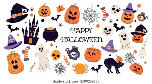 Set of horror elements. Halloween. Collection of Hand drawn shapes. Trendy doodle. Ghost. Autumn. October 31. Saints' Day. Stickers and icons. Jack o lantern. Cartoon. Candle, pumpkin, bones, eye.