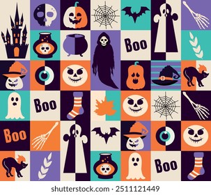 Set of horror elements. Happy Halloween. Collection Hand drawn shapes. Trendy doodle. Ghost. Autumn. October 31. Saints' Day. Stickers and icons. Jack o lantern.  Bauhaus seamless pattern. Geometric 